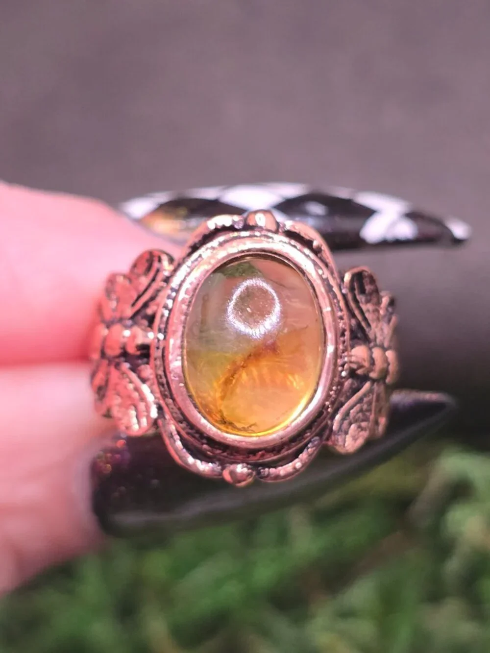 Amber Copper Floral Ring Size 7 Oval Honey Gemstone Statement Jewelry